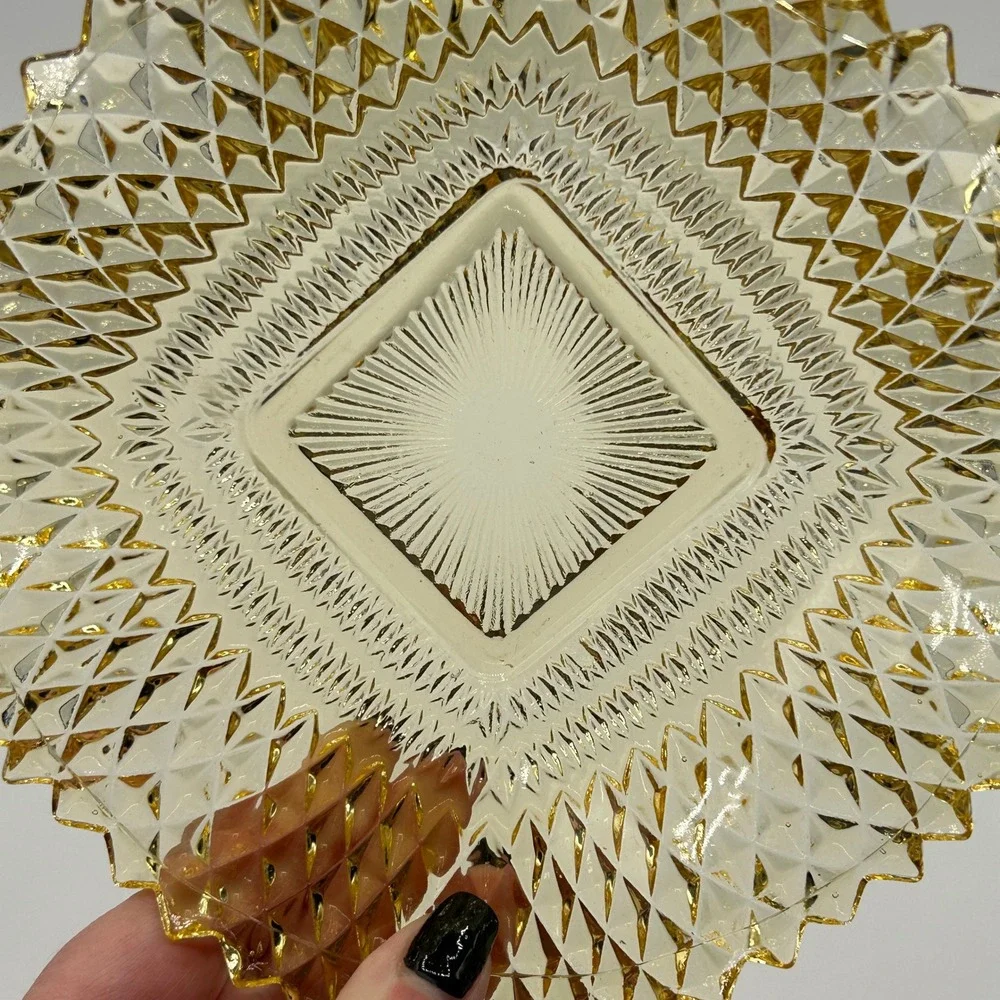 Vintage Mid Century Yellow Diamond Point Square Pressed Glass Candy Trinket Dish